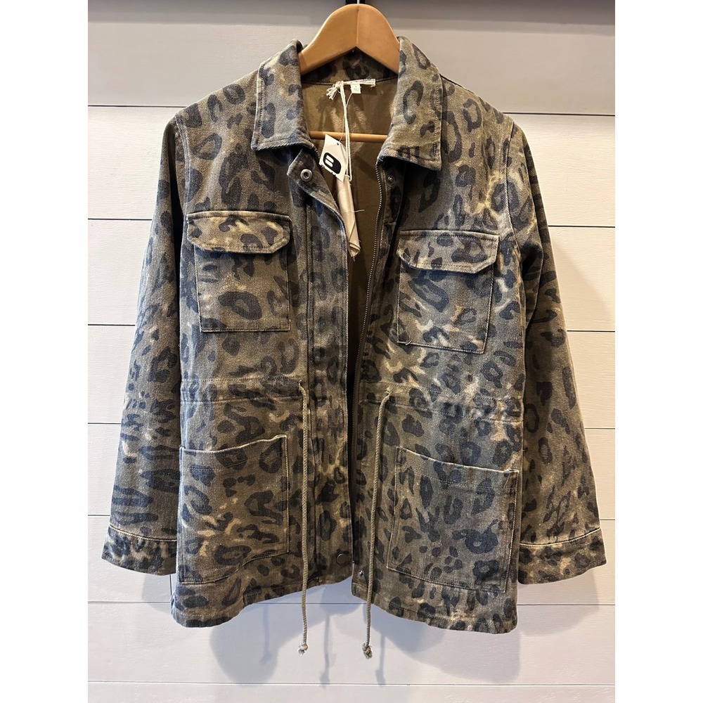 NWT Mysteree Olive Leopard Print Utility Field Jacket Cotton Twill 19540 Small